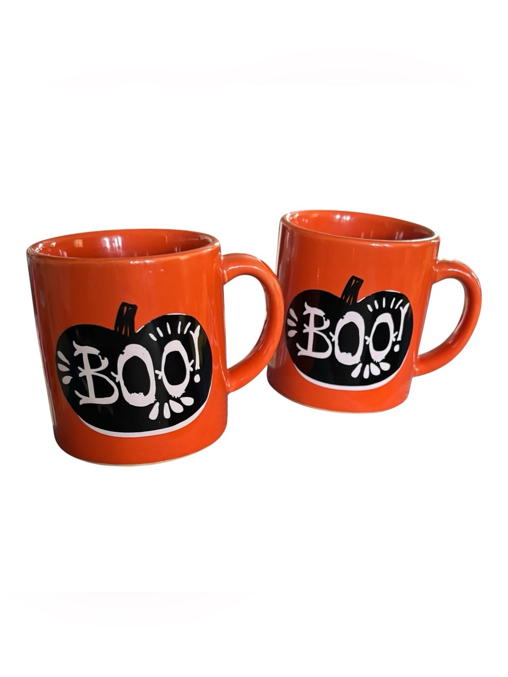 Crate&Barrel Set Two 5oz BOO Pumpkin Fall Expresso Coffee Mugs Orange Black